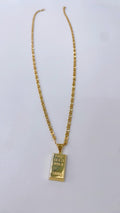 Byzantine-style necklace with a gold bar replica pendant.

Crafted entirely in 18kt gold.

Length: 50 cm
Total weight: 7.3 g