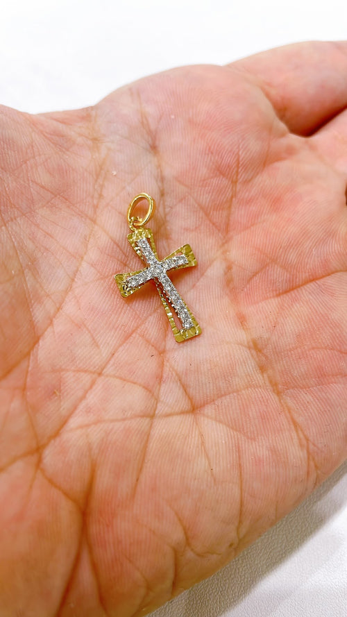 18K Gold Cross Pendant with White Zirconia