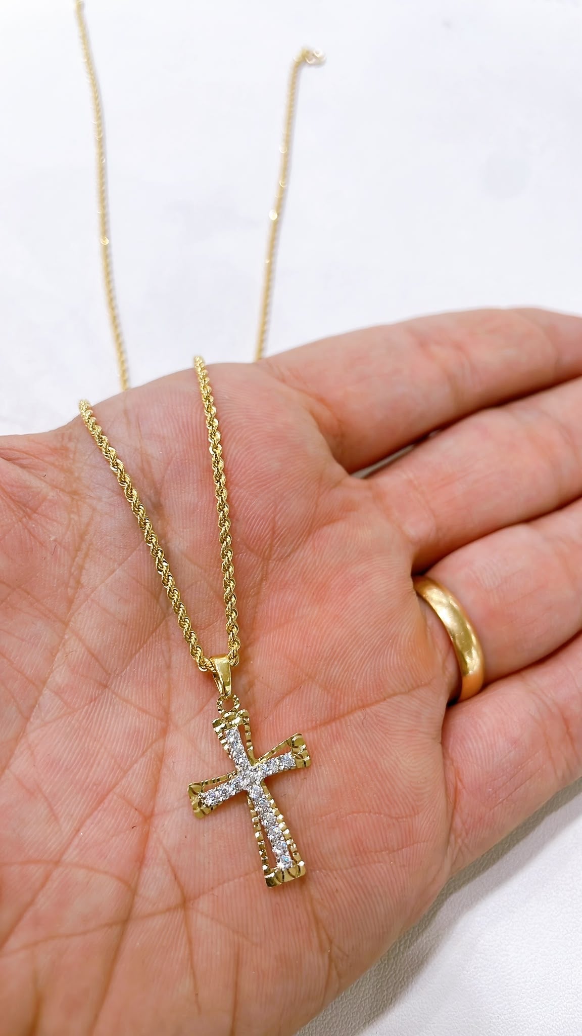 18K Gold Cross Pendant with White Zirconia