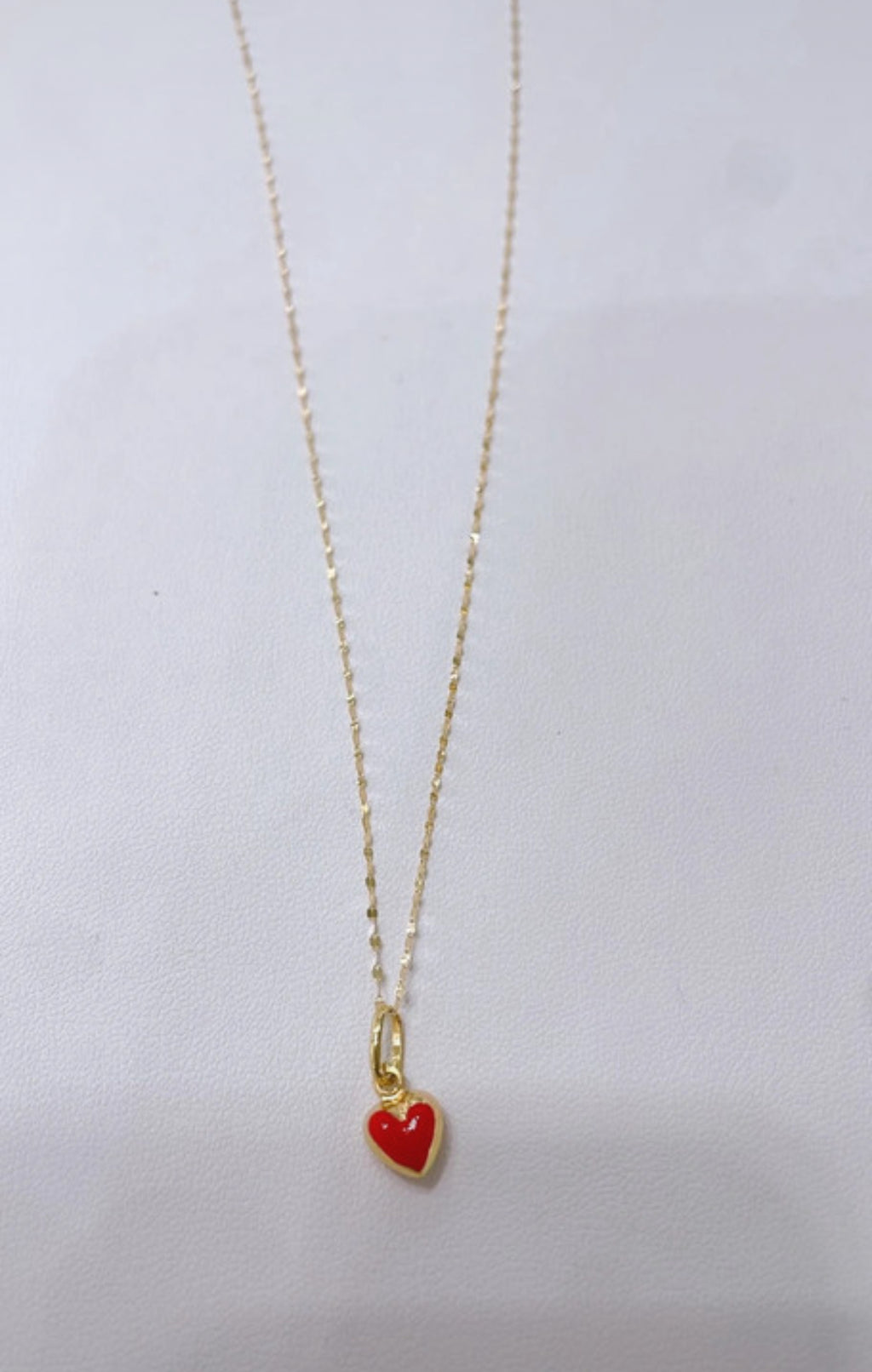18K Gold Mirror Chain Necklace with Red Enamel Heart Pendant