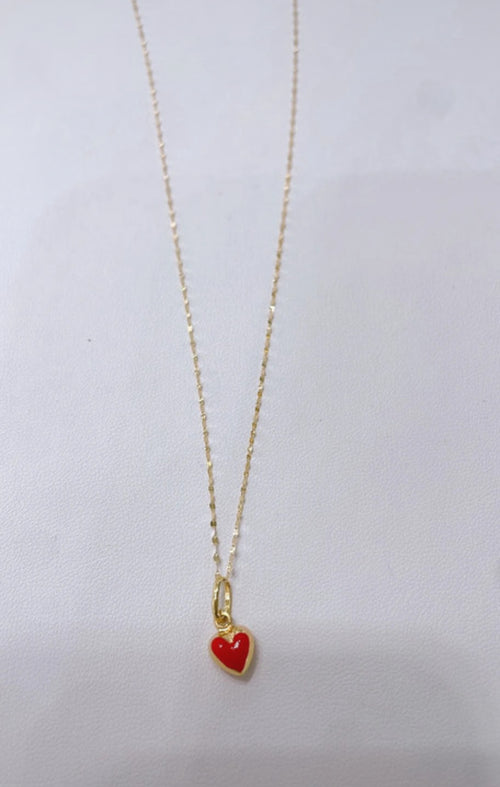 18K Gold Mirror Chain Necklace with Red Enamel Heart Pendant