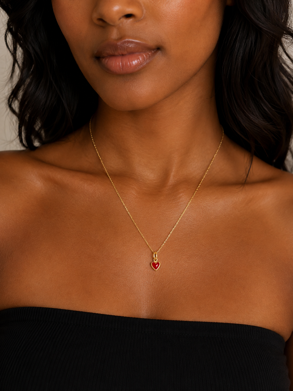 18K Gold Mirror Chain Necklace with Red Enamel Heart Pendant