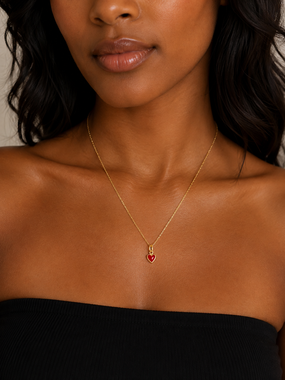 18K Gold Mirror Chain Necklace with Red Enamel Heart Pendant
